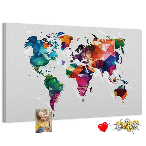 Lavagna di sughero mappa del mondo colorata in stile geometrico