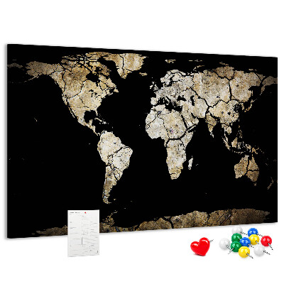 Bacheca in sughero mappa del mondo con effetto danneggiato su sfondo nero