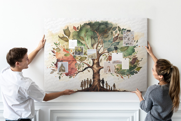 Bacheca in sughero con stampa L'albero della vita e persone all'ombra