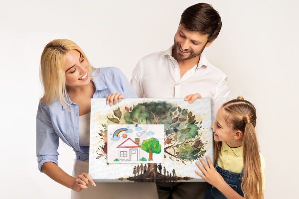 Bacheca in sughero con stampa L'albero della vita e persone all'ombra