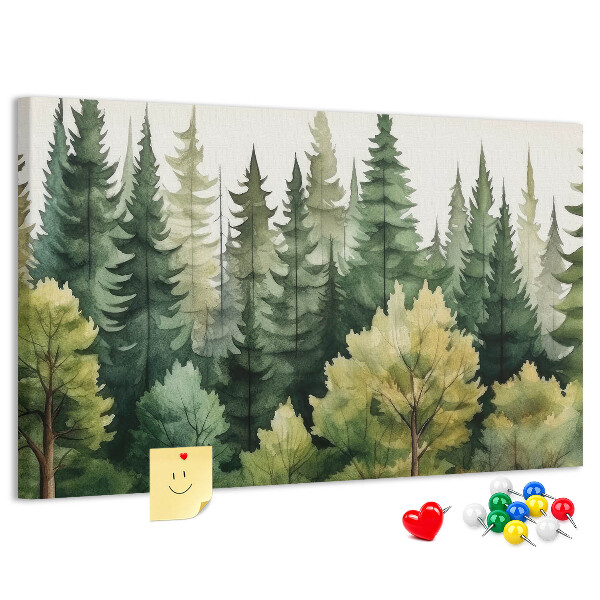Lavagna di sughero con stampa di paesaggio forestale con alberi verdi