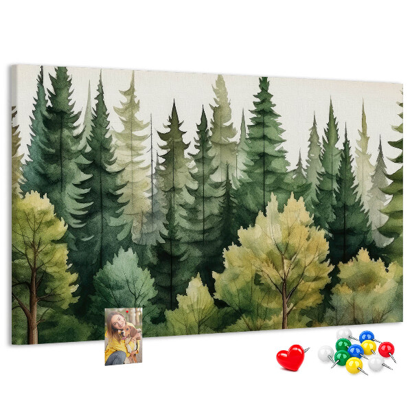 Lavagna di sughero con stampa di paesaggio forestale con alberi verdi