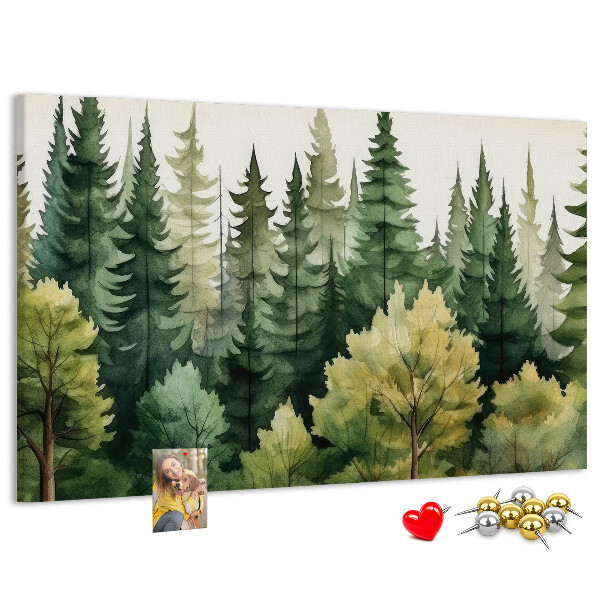 Lavagna di sughero con stampa di paesaggio forestale con alberi verdi