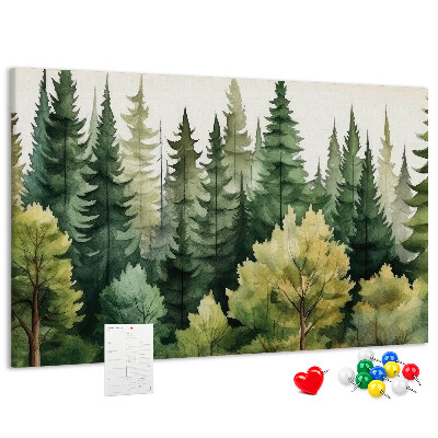 Lavagna di sughero con stampa di paesaggio forestale con alberi verdi