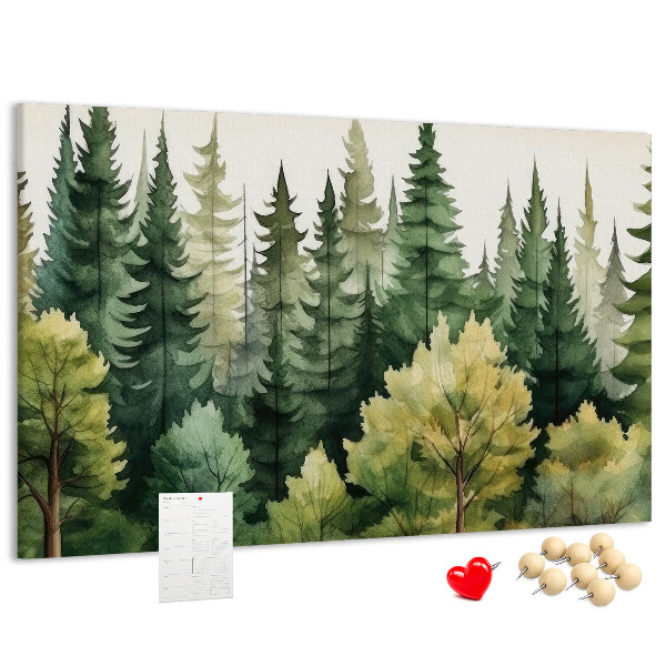 Lavagna di sughero con stampa di paesaggio forestale con alberi verdi