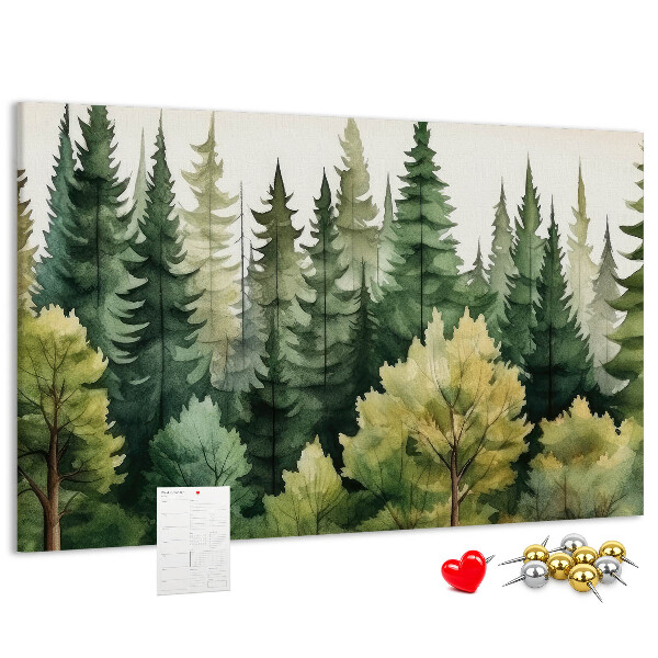 Lavagna di sughero con stampa di paesaggio forestale con alberi verdi
