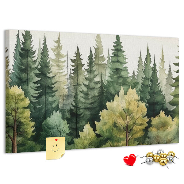 Lavagna di sughero con stampa di paesaggio forestale con alberi verdi