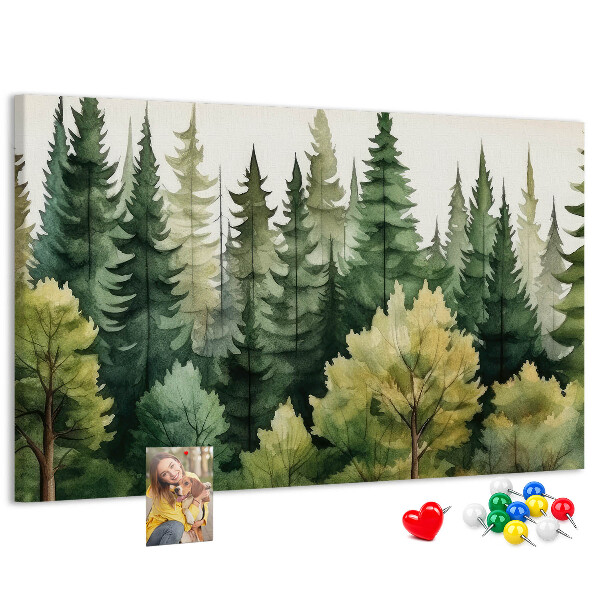 Lavagna di sughero con stampa di paesaggio forestale con alberi verdi