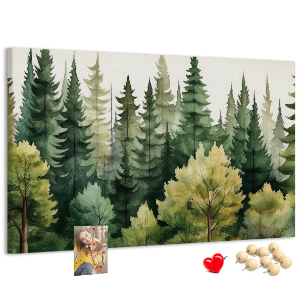 Lavagna di sughero con stampa di paesaggio forestale con alberi verdi