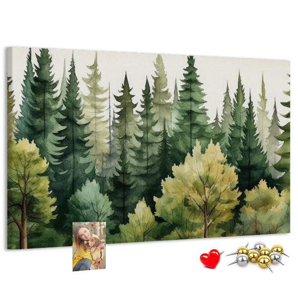 Lavagna di sughero con stampa di paesaggio forestale con alberi verdi