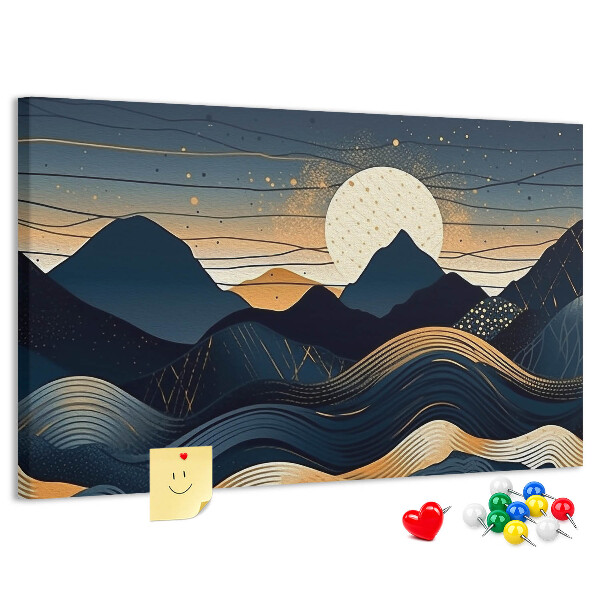 Lavagna di sughero con stampa di un paesaggio montano illuminato di notte