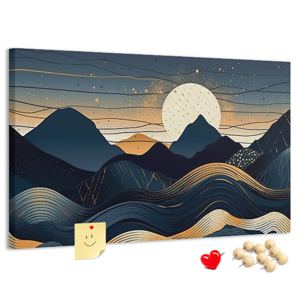 Lavagna di sughero con stampa di un paesaggio montano illuminato di notte
