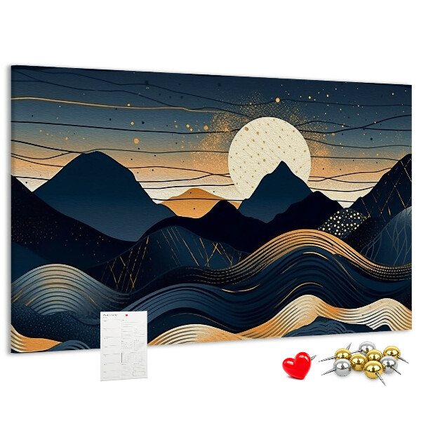 Lavagna di sughero con stampa di un paesaggio montano illuminato di notte