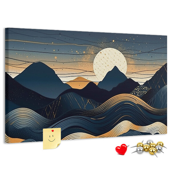Lavagna di sughero con stampa di un paesaggio montano illuminato di notte
