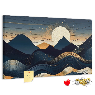Lavagna di sughero con stampa di un paesaggio montano illuminato di notte