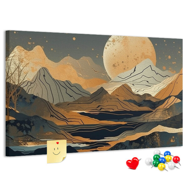 Bacheca in sughero con stampa di paesaggio montano e luna sullo sfondo
