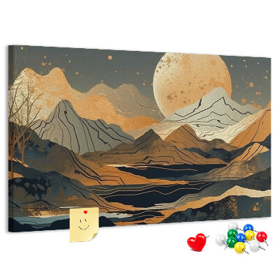 Bacheca in sughero con stampa di paesaggio montano e luna sullo sfondo