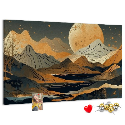 Bacheca in sughero con stampa di paesaggio montano e luna sullo sfondo