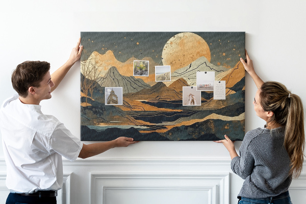 Bacheca in sughero con stampa di paesaggio montano e luna sullo sfondo