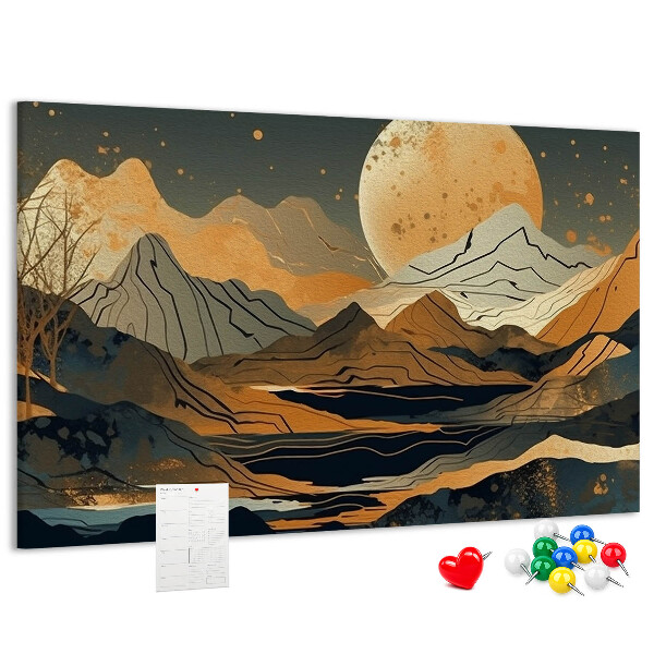 Bacheca in sughero con stampa di paesaggio montano e luna sullo sfondo