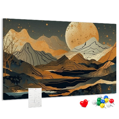 Bacheca in sughero con stampa di paesaggio montano e luna sullo sfondo