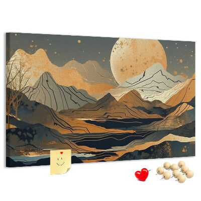 Bacheca in sughero con stampa di paesaggio montano e luna sullo sfondo