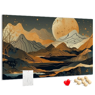 Bacheca in sughero con stampa di paesaggio montano e luna sullo sfondo