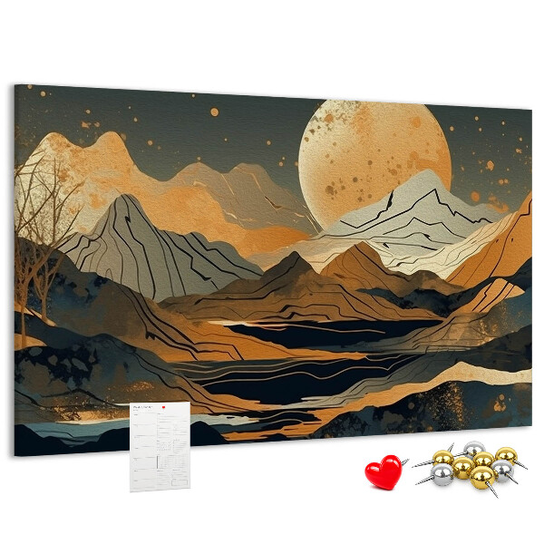 Bacheca in sughero con stampa di paesaggio montano e luna sullo sfondo