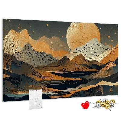 Bacheca in sughero con stampa di paesaggio montano e luna sullo sfondo