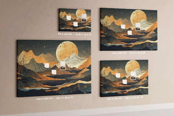 Bacheca in sughero con stampa di paesaggio montano e luna sullo sfondo