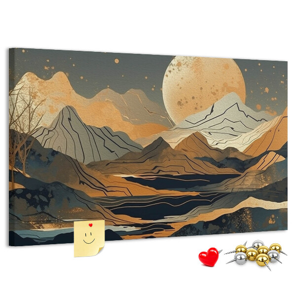Bacheca in sughero con stampa di paesaggio montano e luna sullo sfondo