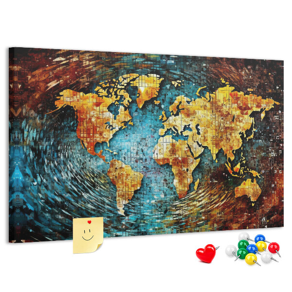 Bacheca in sughero mappa del mondo con stile astratto colorato