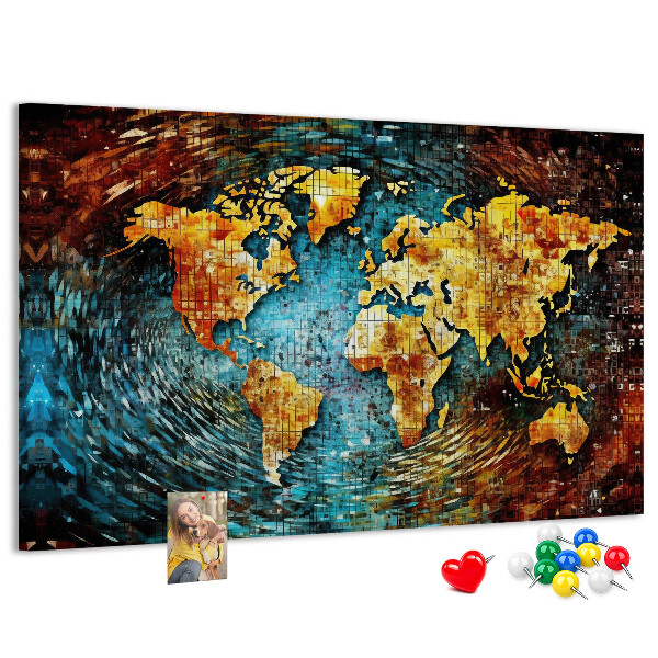 Bacheca in sughero mappa del mondo con stile astratto colorato