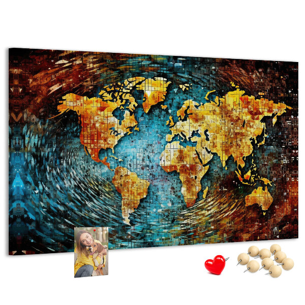 Bacheca in sughero mappa del mondo con stile astratto colorato