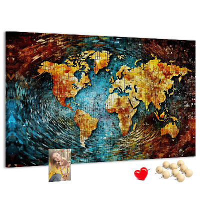 Bacheca in sughero mappa del mondo con stile astratto colorato