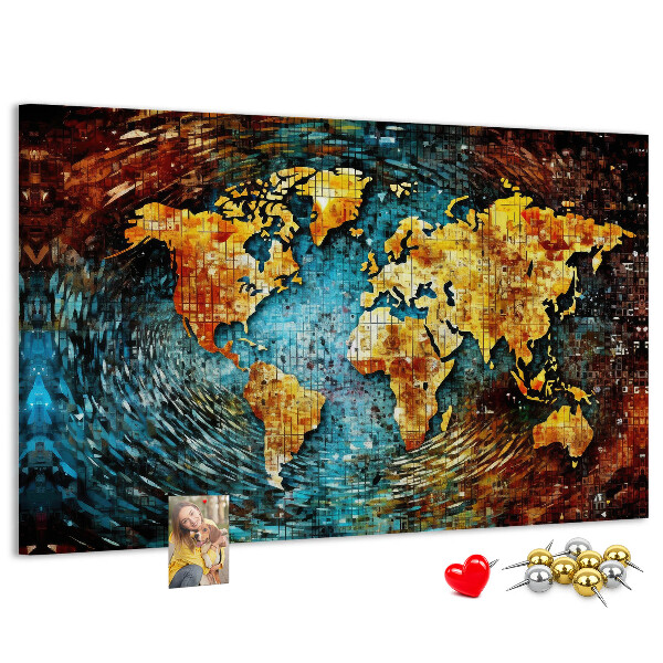 Bacheca in sughero mappa del mondo con stile astratto colorato