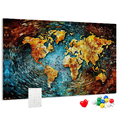 Bacheca in sughero mappa del mondo con stile astratto colorato