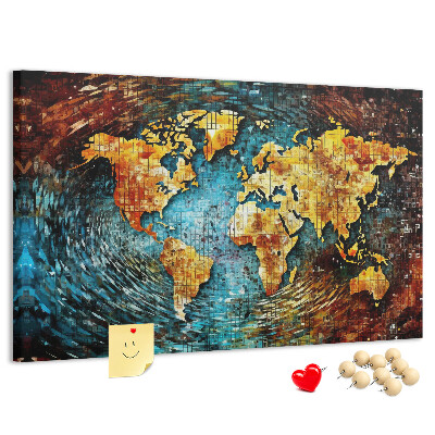 Bacheca in sughero mappa del mondo con stile astratto colorato