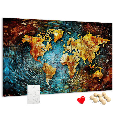 Bacheca in sughero mappa del mondo con stile astratto colorato
