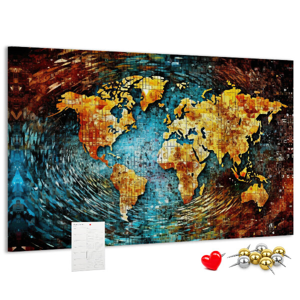 Bacheca in sughero mappa del mondo con stile astratto colorato