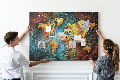 Bacheca in sughero mappa del mondo con stile astratto colorato