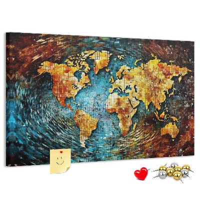 Bacheca in sughero mappa del mondo con stile astratto colorato