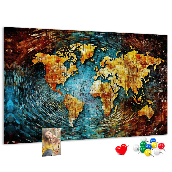 Bacheca in sughero mappa del mondo con stile astratto colorato