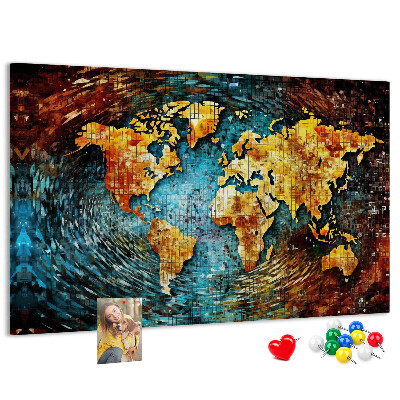 Bacheca in sughero mappa del mondo con stile astratto colorato
