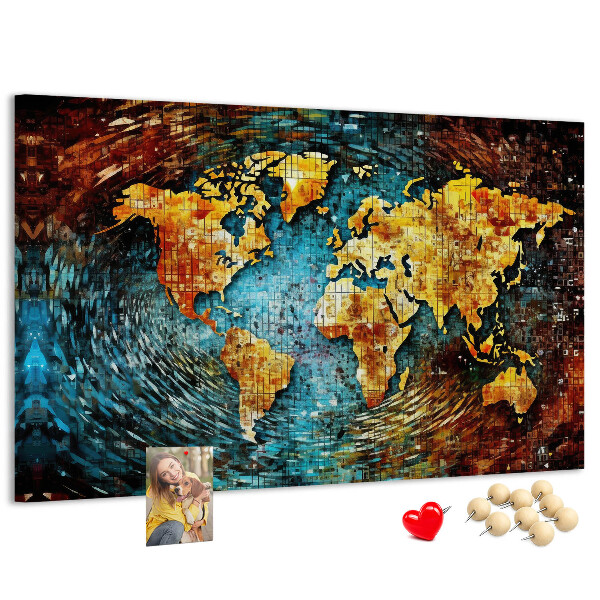 Bacheca in sughero mappa del mondo con stile astratto colorato