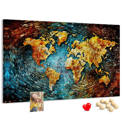Bacheca in sughero mappa del mondo con stile astratto colorato