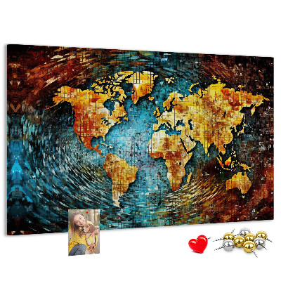 Bacheca in sughero mappa del mondo con stile astratto colorato