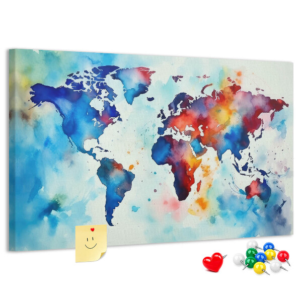 Lavagna di sughero mappa del mondo colorata con design ad acquerello