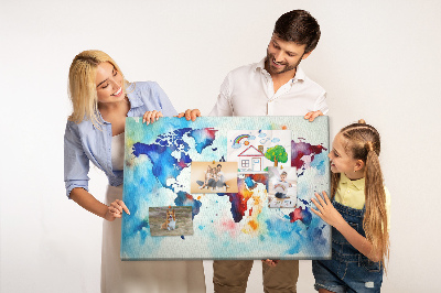 Lavagna di sughero mappa del mondo colorata con design ad acquerello