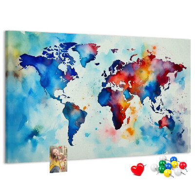 Lavagna di sughero mappa del mondo colorata con design ad acquerello